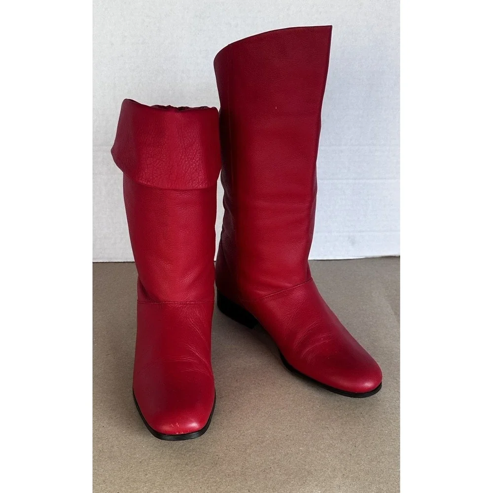 VTG Life Stride Red Leather Mid Calf‎ Boots 80s Slouch Peter Pan Boho Fold Over
